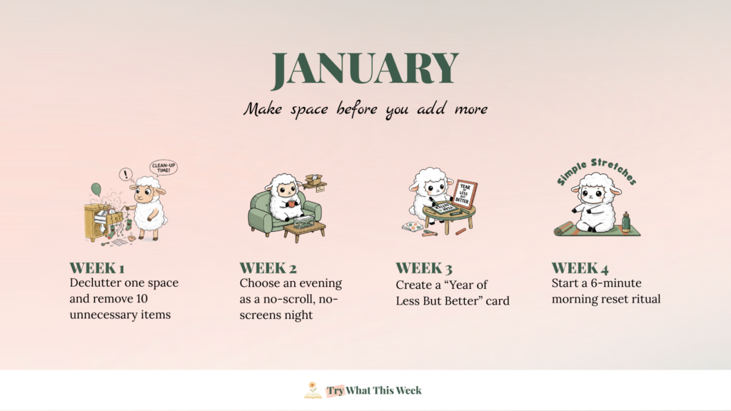 Your monthly invitation - January 2026. 4 weeks of small things to try - declutter one drawer, no-scroll evening, vision card, morning reset ritual