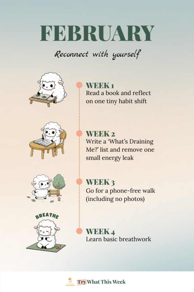Your monthly invitation - February 2026. 4 weeks of small things to try - read a book and reflect, think what's draining you and remove it, phone-free walk,