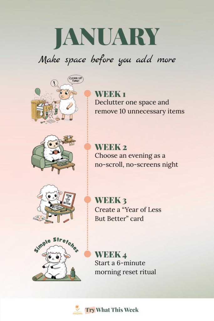 Your monthly invitation - January 2026. 4 weeks of small things to try - declutter one drawer, no-scroll evening, vision card, morning reset ritual